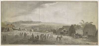 [整幅图画] 1778 年 1 月库克船长访问阿图伊岛[可爱岛]威美亚村的图画。一些人在滚木桶，其他人在与夏威夷人讨价还价。右边，两个土著人抬着一头串在杆子上的猪。在他们身后，是当地人的小屋和猪圈。 作者 约翰·韦伯