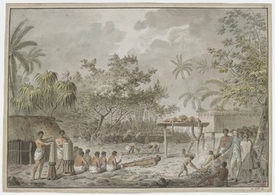 [整幅画] 1777 年 9 月 1 日库克船长在塔希提岛阿塔胡罗[乌图伊马胡鲁]的大摩拉伊见证的人祭。前景是一个被捆绑的人，后面是为尸体挖洞的人，Whatta 里有两只狗和三只鹅。 作者 约翰·韦伯