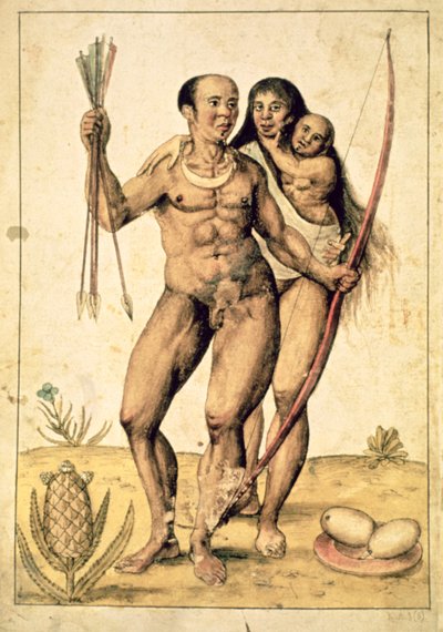 美国原住民家庭，约1585-87（纸上水彩）。 作者 约翰怀特