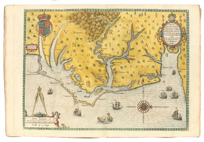 弗吉尼亚州地图，显示沃尔特·罗利爵士的探险队在1585年，1590年的到来 作者 约翰怀特