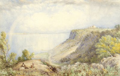 从Palisades，纽约，与彩虹，1873年哈德逊河的视图水彩，石墨和纸上的水粉，奠定了卡 作者 约翰·威廉·希尔