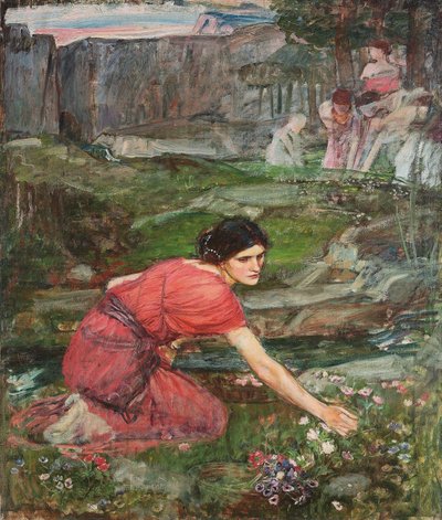 研究：少女在河边摘花，c。 1909-1914 作者 约翰·威廉姆·沃特豪斯