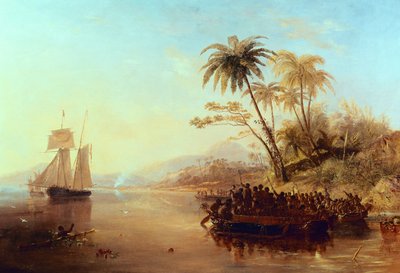 1840年，英国人在南太平洋测量船，由支腿独木舟的岛民招呼 作者 约翰·威尔逊·卡迈克尔