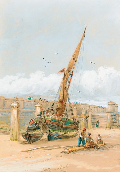 渔民在搁浅的船只前闲聊，1846年 作者 约翰·威尔逊·卡迈克尔