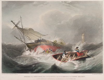 福法郡（Forfarshire）汽船在法恩群岛（英格兰）礁石上沉没，9 月 7 日日出时的景象 作者 约翰·威尔逊·卡迈克尔