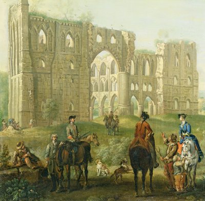 Rievaulx修道院遗址暂停的骑手，约1740-50（布面油画） 作者 约翰·伍顿