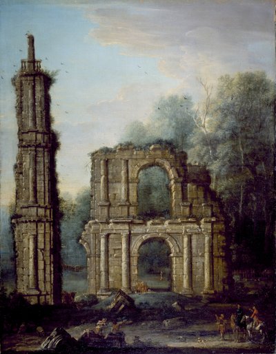 霍尔登比城堡的废墟，北安普敦郡，约1735-45（布面油画）。 作者 约翰·伍顿