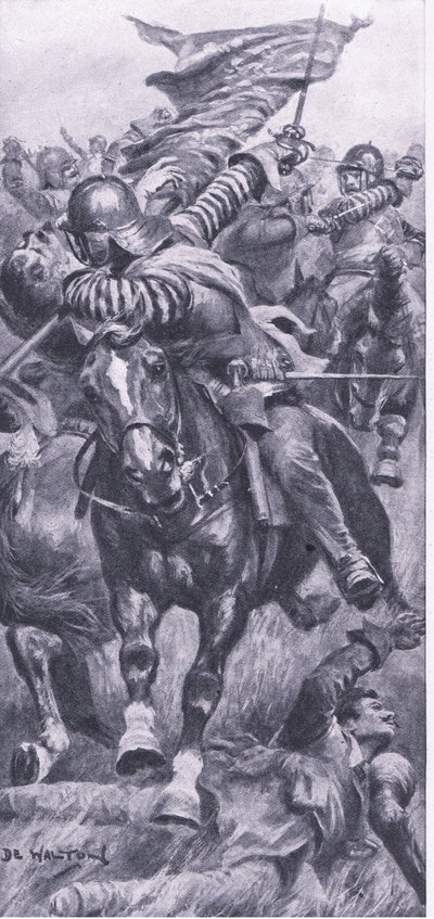 Lieutenat John Smith于1642年10月23日在Edgehill重新夺回国王标准，1915年英国陆地和海上战役的插图 作者 约翰·德·沃尔顿
