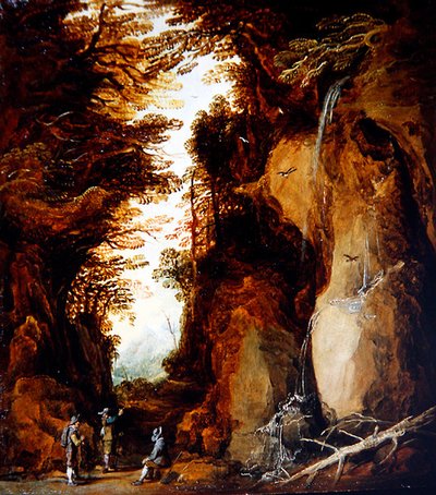 有旅行者的阿尔卑斯山风景（板面油画） 作者 Joos或Josse de The Younger Momper
