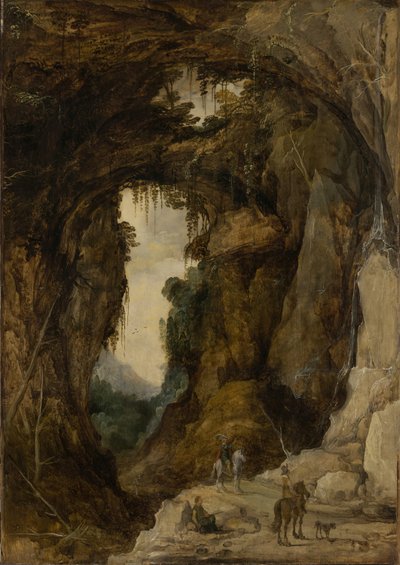 有石窟和骑手的风景，约 1616 年（油画板） 作者 Joos或Josse de The Younger Momper