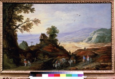 山坡上的小教堂景观。骑着犁的农民在小路上漫步。Joos de Momper Le Jeune（1564-1635 年）的作品，约绘于 1608-1610 年。佛兰德艺术。木板油画。普什基美术博物馆 作者 Joos或Josse de The Younger Momper