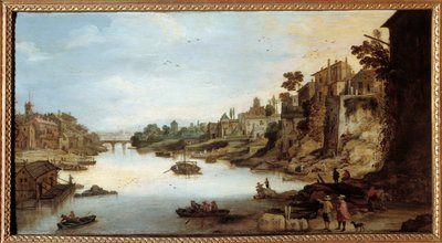 罗马台伯河 (Tevere) 的景色 左边的高跷房子。 Josse Momper II (1564-1635) 的绘画 作者 Joos或Josse de The Younger Momper
