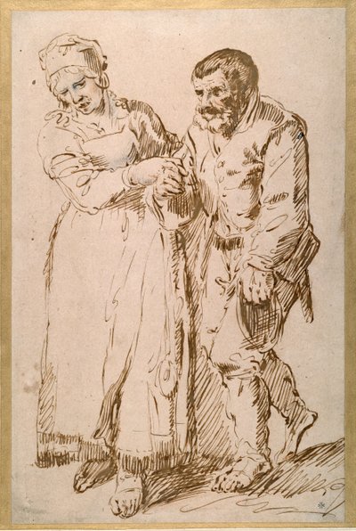一位老农在妻子的引导下走过的台阶（纸上粉笔水墨）。 作者 Joos van (attr. To) Craesbeeck
