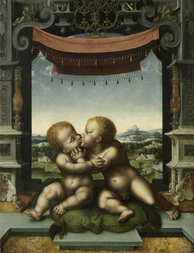 婴儿基督和施洗者圣约翰拥抱，1520-25 作者 乔斯范克里夫
