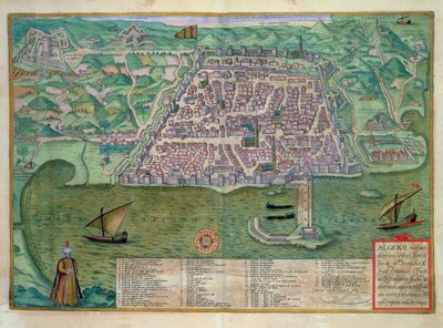 阿尔及尔地图，摘自乔治-布劳恩（1541-1622）和弗兰斯-霍根伯格（1535-90）的《Civitates Orbis Terrarum》，约1572年（彩色雕刻）。 作者 乔里斯（后）霍夫纳格尔