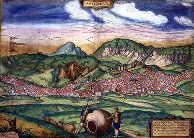 Antiquera地图，出自Georg Braun（1541-1622）和Frans Hogenberg（1535-90）的《Civitates Orbis Terrarum》，约1572年（彩色雕刻）。 作者 乔里斯（后）霍夫纳格尔