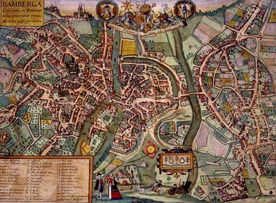 班贝克地图，出自乔治-布劳恩（1541-1622）和弗兰斯-霍根伯格（1535-90）约1572-1617年创作的《Civitates Orbis Terrarum》（彩色雕版）。 作者 乔里斯（后）霍夫纳格尔