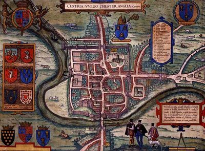 切斯特地图，出自乔治-布劳恩（1541-1622）和弗兰斯-霍根伯格（1535-90）约1572-1617年创作的《Civitates Orbis Terrarum》（彩色雕刻）。 作者 乔里斯（后）霍夫纳格尔