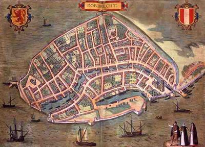 多德雷赫特地图，出自乔治-布劳恩（1541-1622）和弗兰斯-霍根堡（1535-90）的《地球公民》，约1572年（彩色雕刻）。 作者 乔里斯（后）霍夫纳格尔