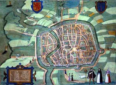 哈勒姆地图，出自乔治-布劳恩（1541-1622）和弗兰斯-霍根堡（1535-90）的《地球公民》，约1572年（彩色雕刻）。 作者 乔里斯（后）霍夫纳格尔