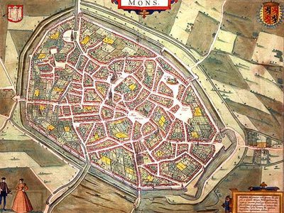 蒙斯地图，出自乔治-布劳恩（1541-1622）和弗兰斯-霍根伯格（1535-90）约1572-1617年创作的《Civitates Orbis Terrarum》（彩色版画）。 作者 乔里斯（后）霍夫纳格尔