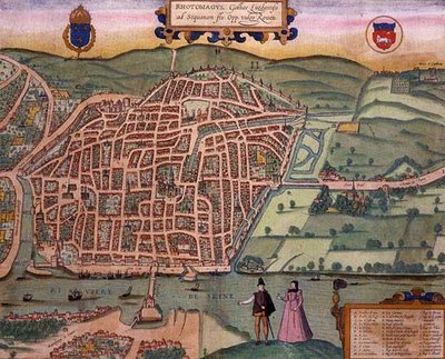 鲁昂地图，出自乔治-布劳恩（1541-1622）和弗兰斯-霍根伯格（1535-90）约1572-1617年创作的《Civitates Orbis Terrarum》（彩色雕版）。 作者 乔里斯（后）霍夫纳格尔