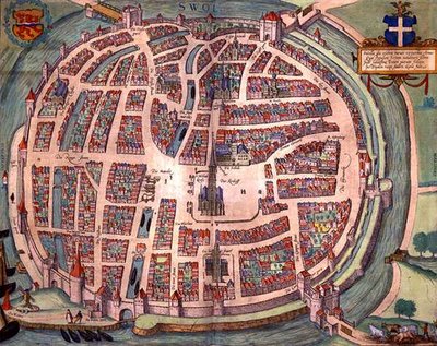 Solvaer地图，出自Georg Braun（1541-1622）和Frans Hogenberg（1535-90）的《Civitates Orbis Terrarum》，约1572-1617（彩色雕版画）。 作者 乔里斯（后）霍夫纳格尔