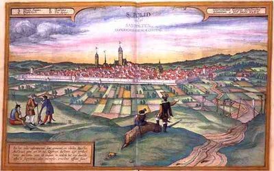 格奥尔格-布劳恩（Georg Braun，1541-1622 年）和弗兰斯-霍根贝格（Frans Hogneberg，1535-90 年）绘制的 "Civitates Orbis Terrarum "中的圣波尔滕地图 作者 乔里斯（后）霍夫纳格尔