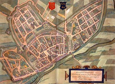 威塞尔地图，出自乔治-布劳恩（1541-1622年）和弗兰斯-霍根伯格（1535-90年）的《Civitates Orbis Terrarum》，约1572-1617年（彩色版画）。 作者 乔里斯（后）霍夫纳格尔