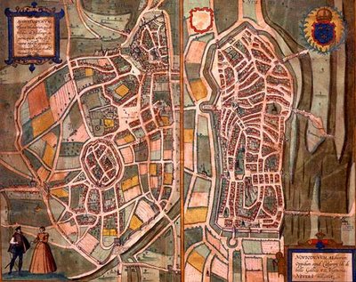 奥屯和内韦尔地图，出自乔治-布劳恩（1541-1622年）和弗兰斯-霍根伯格（1535-90年）的《Civitates Orbis Terrarum》，约1572-1617年（彩色版画）。 作者 乔里斯（后）霍夫纳格尔
