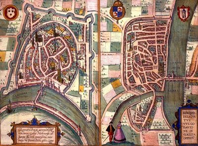 格勒诺布尔和伊泽河畔罗曼斯的地图，出自乔治-布劳恩（1541-1622）和弗兰斯-霍根伯格（1535-90）约1572-1617的《Civitates Orbis Terrarum》（彩色雕版画）。 作者 乔里斯（后）霍夫纳格尔
