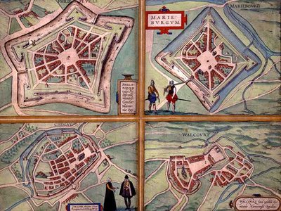 菲利佩维尔、马里昂堡、希梅和沃尔库尔的地图，出自乔治-布劳恩（1541-1622年）和弗兰斯-霍根伯格（1535-90年）约1572-1617年的《Civitates Orbis Terrarum》（彩色版画）。 作者 乔里斯（后）霍夫纳格尔