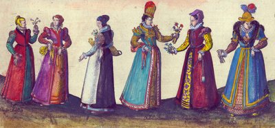 伊丽莎白时代的英国女性，1598年（手工彩色铜版画） 作者 乔里斯·霍夫纳格尔