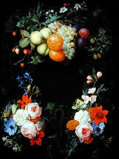 橘子，桃子，葡萄，李子，草莓，覆盆子和其他水果与玫瑰，金银花和其他花卉 作者 乔里斯·范森