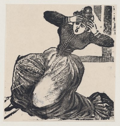 一个喘气的女人躺在地上，双手举到头顶，来自题为......的大字报，1893年。 作者 何塞·瓜达卢佩·波萨达