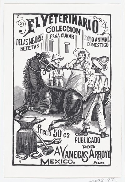 一群人围着一匹马，《El Veterinario The Vete...》的插图，约1880-1910年。 作者 何塞·瓜达卢佩·波萨达