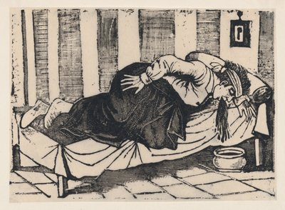 一个靠在床边呕吐的男人，来自题为《奥雷利奥之死》的大字报，1892年。 作者 何塞·瓜达卢佩·波萨达