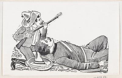 一个革命者拿着步枪，跪着保护一个倒下的革命者，约1880-1910年，约。 作者 何塞·瓜达卢佩·波萨达