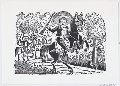一个在马背上拿着步枪的革命士兵Heraclio Bernal, 约1880-1910., 约1880-1910. 作者 何塞·瓜达卢佩·波萨达