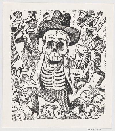 一个骷髅抱着骨头，在一堆头骨上跳跃，而人们在逃亡，大约在1907年。 作者 何塞·瓜达卢佩·波萨达