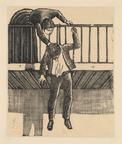 一个女人发现一个在阳台上上吊自杀的男人......，约1900-1910。 作者 何塞·瓜达卢佩·波萨达