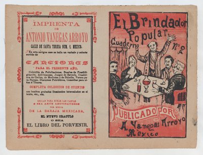 El Brindador Popular》的封面，一个男人向一群人的座位举杯......，约1880-1910年。 作者 何塞·瓜达卢佩·波萨达