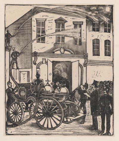 Firefighters putting out a fire in a house, firetruck in foreground, ca. 1880-1910., ca. 1880-1910. 作者 何塞·瓜达卢佩·波萨达