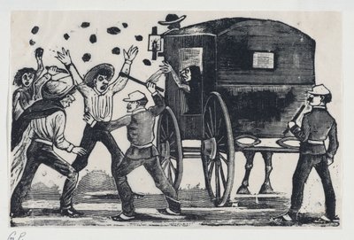 男子在马和马车附近战斗，约1900-1910.，约1900-1910. 作者 何塞·瓜达卢佩·波萨达