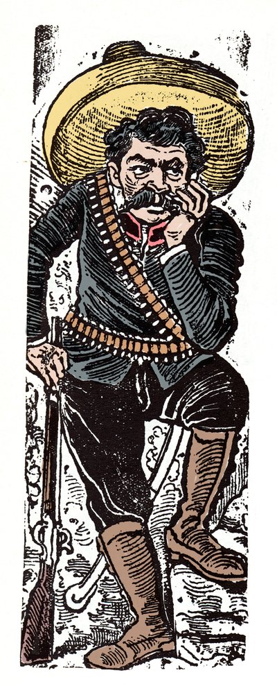 墨西哥革命（1910-1920）--埃米利亚诺-萨帕塔的革命追随者热诺沃-德拉奥将军--何塞-瓜达卢佩-波萨达（1852-1913）的Xylography。 作者 何塞·瓜达卢佩·波萨达