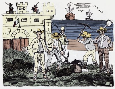 墨西哥革命（1910-1920）：强迫工作的囚犯群体 - Jose Guadalupe Posada（1852-1913）的木版画 作者 何塞·瓜达卢佩·波萨达