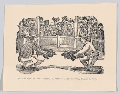 竞技场上的两个男人拿着鸡巴准备打架，spe...，约1890-1910年，1964年重印。 作者 何塞·瓜达卢佩·波萨达