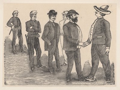 两个人在前台握手，军官在后台看着他们......，约1880-1910年。 作者 何塞·瓜达卢佩·波萨达
