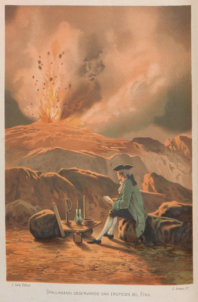 拉扎罗-斯帕兰扎尼观察埃特纳火山的爆发。摘自：《科学和它的人》，1879年。 作者 何塞·阿梅特·波塔内尔