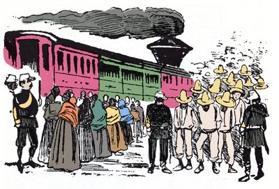 墨西哥革命（1910-1920）：大约 1908 年，国家山谷的工人被驱逐 - Jose Guadalupe Posada（1852-1913）的木版画 作者 何塞·瓜达卢佩·波萨达